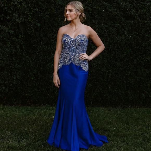 Three N Dresses & Skirts - Beaded strapless Blue Silver Maxi Dress Size 44 (US 12)